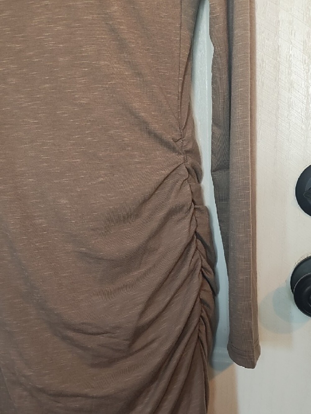 Ruched Long-Sleeve Olive Dress with Overlap Hem - Picture 4 of 13
